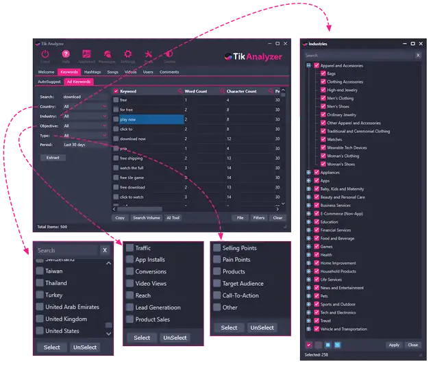 Tik Analyzer dashboard searching affiliate marketing videos on TikTok